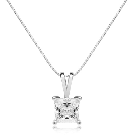 Everyday Elegance Solid 14K White Gold Lab Grown Diamond Solitaire Pendant Necklace for Women in Princess Cut | 1 CTW | 18 Inch Length | Box Link Chain| With Gift Box