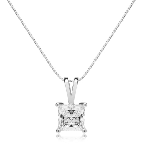 Everyday Elegance Solid 14K White Gold Lab Grown Diamond Solitaire Pendant Necklace for Women in Princess Cut | 1.5 CTW | 18 Inch Length | Box Link Chain| With Gift Box