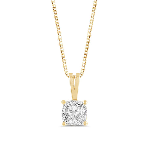 Everyday Elegance 14K Yellow Gold Cubic Zirconia Solitaire Pendant Necklace for Women Cushion Cut 1.0 CTW | 0.60mm Thick 18" Length Box Link Chain | With Gift Box