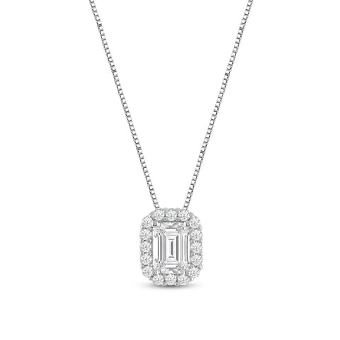 Everyday Elegance 14K White Gold Emerald Cut Halo Cubic Zirconia Solitaire Pendant Necklace (1.8 CT center, 2.0 CTW) 18 Inch Box Link Chain | With Gift Box