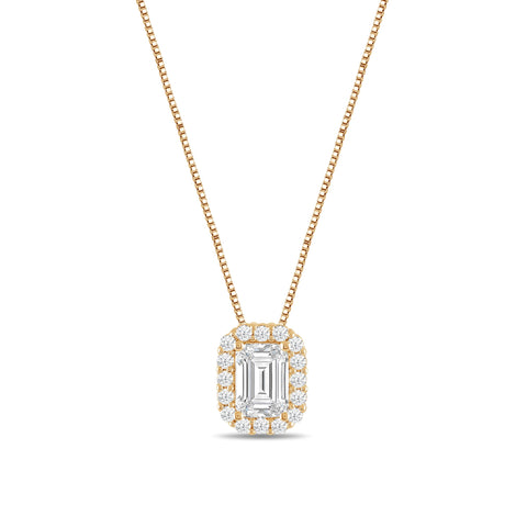 Everyday Elegance 14K Yellow Gold Emerald Cut Halo Cubic Zirconia Solitaire Pendant Necklace (1.8 CT center, 2.0 CTW) 18 Inch Box Link Chain | With Gift Box