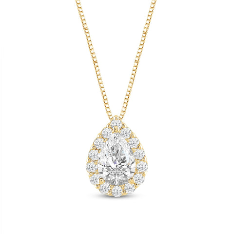 Everyday Elegance 14K Yellow Gold Pear Cut Halo Cubic Zirconia Solitaire Pendant Necklace (1.16 CT center, 1.50 CTW) 18 Inch Box Link Chain | With Gift Box