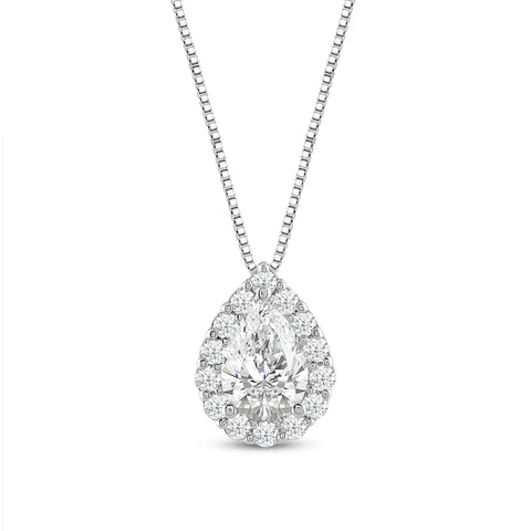 Everyday Elegance 14K White Gold Pear Cut Halo Cubic Zirconia Solitaire Pendant Necklace (1.16 CT center, 1.50 CTW) 18 Inch Box Link Chain | With Gift Box