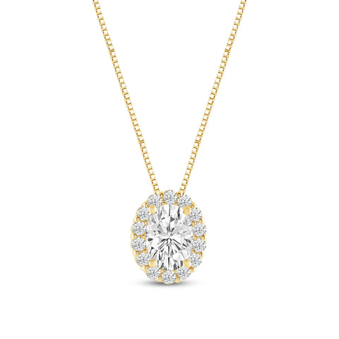 Everyday Elegance 14K Yellow Gold Oval Cut Halo Cubic Zirconia Solitaire Pendant Necklace (1.32 CT center, 1.50 CTW) 18 Inch Box Link Chain | With Gift Box