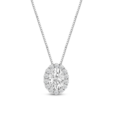 Everyday Elegance 14K White Gold Oval Cut Halo Cubic Zirconia Solitaire Pendant Necklace (1.32 CT center, 1.50 CTW) 18 Inch Box Link Chain | With Gift Box