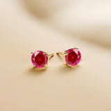 Everyday Elegance 14KT Real Yellow Gold 4 Prong Setting Solitaire Stud Earrings for Men & Women with 7 MM Round Cut Created Ruby and Screw Back | With Gift Box