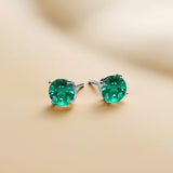 Everyday Elegance 14KT Real White Gold 4 Prong Setting Solitaire Stud Earrings for Men & Women with 7 MM Round Cut Created Emerald and Screw Back | With Gift Box