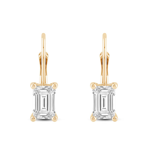 Everyday Elegance 14K Solid Yellow Gold Earrings Emerald Cut Cubic Zirconia Leverback Drop Dangle Basket Setting 2.0 CTW, 1.0 CTW each With Gift Box