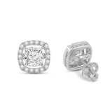 Everyday Elegance 14K Solid White Gold Stud Earrings Cushion "Halo" Cubic Zirconia Screw Back Posts 2.7 CTW With Gift Box