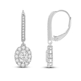 Everyday Elegance 14K Solid White Gold Leverback Earrings Oval "Halo" Cubic Zirconia Drop Dangle Basket Setting 2.0 CTW With Gift Box
