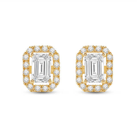 Everyday Elegance 14K Solid Yellow Gold Stud Earrings Emerald "Halo" Cubic Zirconia Screw Back Posts 2.4 CTW With Gift Box