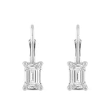Everyday Elegance 14K Solid White Gold Earrings Emerald Cut Cubic Zirconia Leverback Drop Dangle Basket Setting 1.92 CTW, 0.96 CTW each With Gift Box