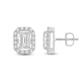 Everyday Elegance 14K Solid White Gold Stud Earrings Emerald "Halo" Cubic Zirconia Screw Back Posts 2.4 CTW With Gift Box