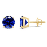 Everyday Elegance 14KT Real Yellow Gold 4 Prong Setting Solitaire Stud Earrings for Men & Women with 7 MM Round Cut Created Blue Sapphire and Screw Back | With Gift Box