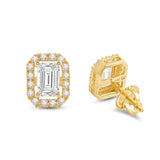 Everyday Elegance 14K Solid Yellow Gold Stud Earrings Emerald "Halo" Cubic Zirconia Screw Back Posts 2.4 CTW With Gift Box