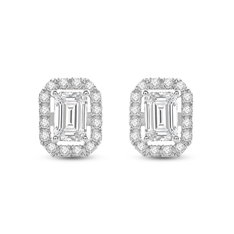 Everyday Elegance 14K Solid White Gold Stud Earrings Emerald "Halo" Cubic Zirconia Screw Back Posts 2.4 CTW With Gift Box