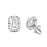 Everyday Elegance 14K Solid White Gold Stud Earrings Emerald "Halo" Cubic Zirconia Screw Back Posts 2.4 CTW With Gift Box