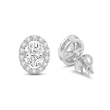 Everyday Elegance 14K Solid White Gold Stud Earrings Oval "Halo" Cubic Zirconia Screw Back Posts 1.80 CTW With Gift Box