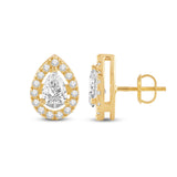 Everyday Elegance 14K Solid Yellow Gold Stud Earrings Pear "Halo" Cubic Zirconia Screw Back Posts 1.75 CTW With Gift Box