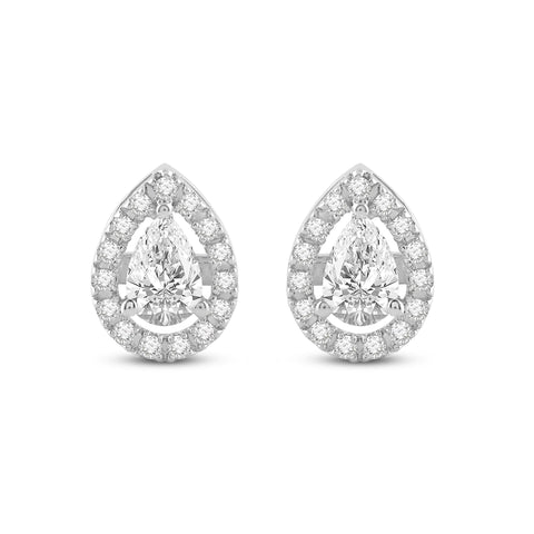 Everyday Elegance 14K Solid White Gold Stud Earrings Pear "Halo" Cubic Zirconia Screw Back Posts 1.75 CTW With Gift Box