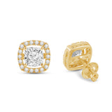 Everyday Elegance 14K Solid Yellow Gold Stud Earrings Cushion "Halo" Cubic Zirconia Screw Back Posts 2.7 CTW With Gift Box