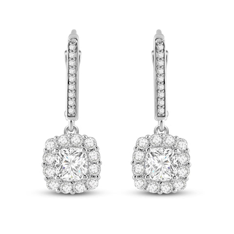 Everyday Elegance 14K Solid White Gold Leverback Earrings Cushion "Halo" Cubic Zirconia Drop Dangle Basket Setting 3.0 CTW With Gift Box