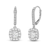 Everyday Elegance 14K Solid White Gold Leverback Earrings Cushion "Halo" Cubic Zirconia Drop Dangle Basket Setting 3.0 CTW With Gift Box