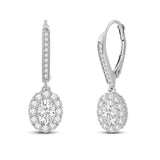 Everyday Elegance 14K Solid White Gold Leverback Earrings Oval "Halo" Cubic Zirconia Drop Dangle Basket Setting 2.0 CTW With Gift Box