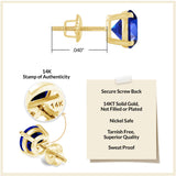 Everyday Elegance 14KT Real Yellow Gold 4 Prong Setting Solitaire Stud Earrings for Men & Women with 7 MM Round Cut Created Blue Sapphire and Screw Back | With Gift Box