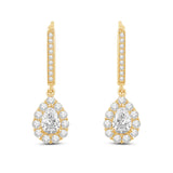 Everyday Elegance 14K Solid Yellow Gold Leverback Earrings Pear "Halo" Cubic Zirconia Drop Dangle Basket Setting 2.0 CTW With Gift Box