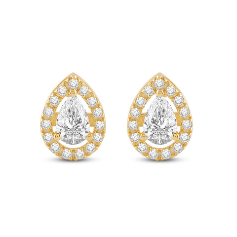 Everyday Elegance 14K Solid Yellow Gold Stud Earrings Pear "Halo" Cubic Zirconia Screw Back Posts 1.75 CTW With Gift Box