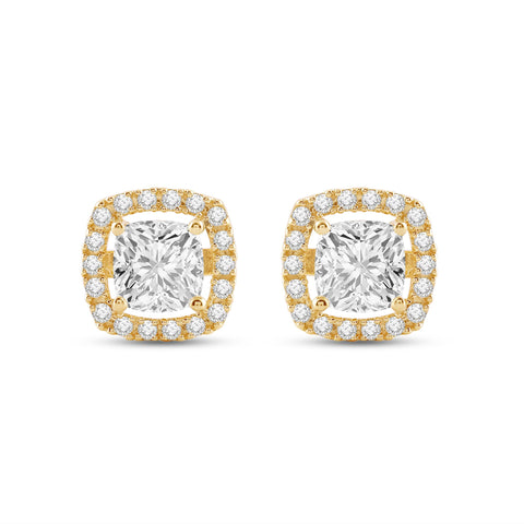 Everyday Elegance 14K Solid Yellow Gold Stud Earrings Cushion "Halo" Cubic Zirconia Screw Back Posts 2.7 CTW With Gift Box