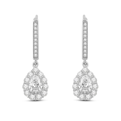 Everyday Elegance 14K Solid White Gold Leverback Earrings Pear "Halo" Cubic Zirconia Drop Dangle Basket Setting 2.0 CTW With Gift Box