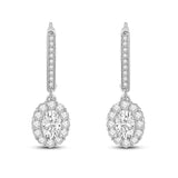 Everyday Elegance 14K Solid White Gold Leverback Earrings Oval "Halo" Cubic Zirconia Drop Dangle Basket Setting 2.0 CTW With Gift Box