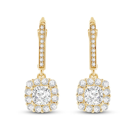 Everyday Elegance 14K Solid Yellow Gold Leverback Earrings Cushion "Halo" Cubic Zirconia Drop Dangle Basket Setting 3.0 CTW With Gift Box