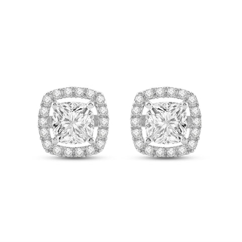 Everyday Elegance 14K Solid White Gold Stud Earrings Cushion "Halo" Cubic Zirconia Screw Back Posts 2.7 CTW With Gift Box