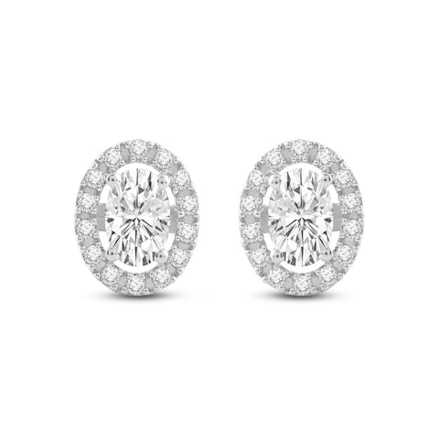 Everyday Elegance 14K Solid White Gold Stud Earrings Oval "Halo" Cubic Zirconia Screw Back Posts 1.80 CTW With Gift Box