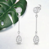 Everyday Elegance 14K White Gold Bar Stud Earrings | Round Cubic Zirconia Stud 0.25 CT (4mm) & Oval CZ drop 1CT (7mm) | With Gift Box