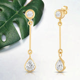 Everyday Elegance 14K Yellow Gold Bar Stud Earrings | Round Cubic Zirconia Stud 0.25 CT (4mm) & Pear CZ drop 1CT (7mm) | With Gift Box