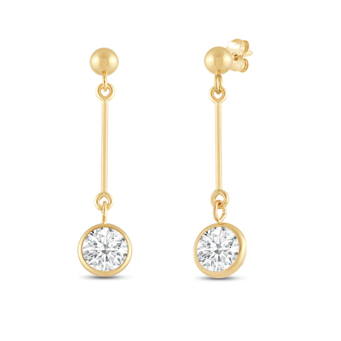 Everyday Elegance 14K Yellow Gold Bar Earrings | Round Cubic Zirconia Ball Drops 1 CT (6mm) | With Gift Box