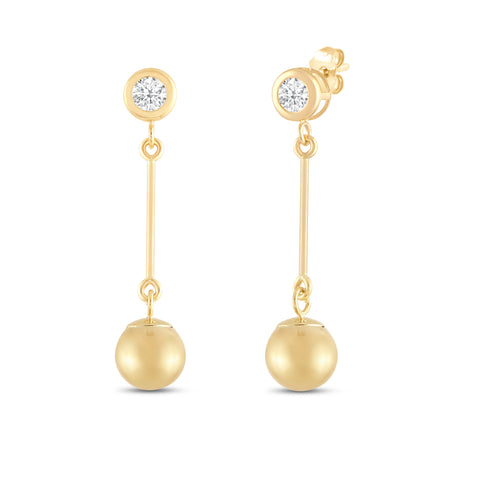 Everyday Elegance 14K Yellow Gold Bar and Ball Earrings | Round Cubic Zirconia Studs 0.25 CT (4mm) | With Gift Box