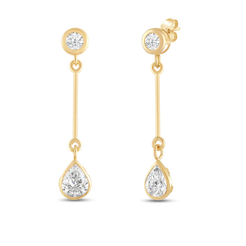 Everyday Elegance 14K Yellow Gold Bar Stud Earrings | Round Cubic Zirconia Stud 0.25 CT (4mm) & Pear CZ drop 1CT (7mm) | With Gift Box