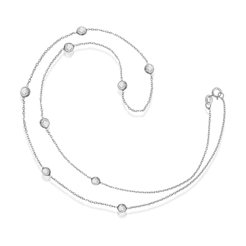 Everyday Elegance Sterling Silver Cubic Zirconia Station Necklace | 18 Inch Length Cable Rolo Chain | With Gift Box