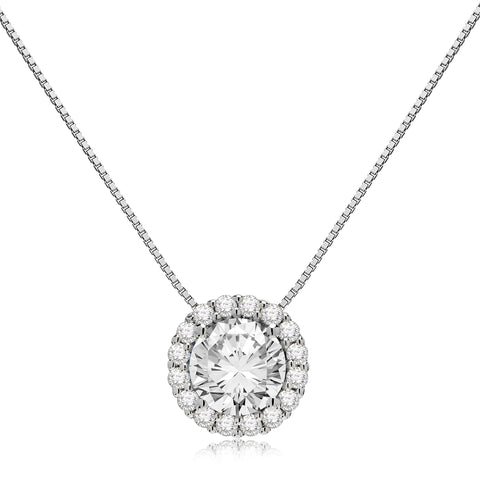 Everyday Elegance 14K Solid Gold Pendant Necklace | Round Halo Cubic Zirconia Solitaire | 1.0 CT center, 1.25 CTW | 16 Inch or 18 Inch Box Link Chain | With Gift Box (18" White Gold)