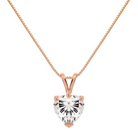 14K Solid Rose Gold Pendant Necklace | Heart Cut Cubic Zirconia Solitaire | 2 Carat | 18 Inch .60mm Box Link Chain