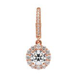 14K Solid Rose Gold Leverback Earrings | Round "Halo" Cubic Zirconia | Drop Dangle Basket Setting | .63 CT center, 1.0 CTW each, 2.0 CTW pair
