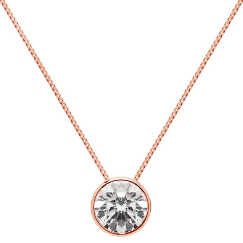 14K Solid Rose Gold Pendant Necklace | Bezel Set Round Cut Cubic Zirconia Solitaire | 1.5 Carat | 18 Inch .60mm Box Link Chain