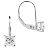 14K Solid White Gold Earrings | Princess Cut Cubic Zirconia | Leverback Drop Dangle Basket Setting | 1.0 CTW