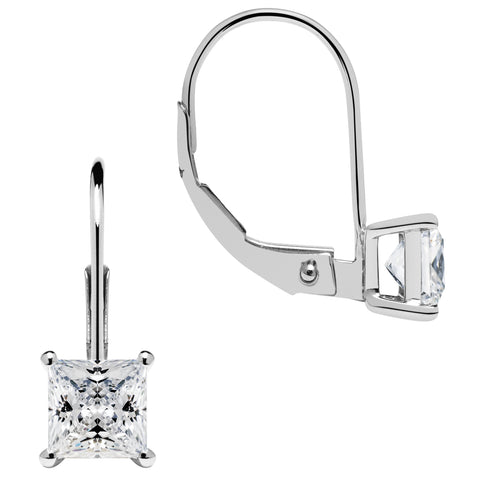 14K Solid White Gold Earrings | Princess Cut Cubic Zirconia | Leverback Drop Dangle Basket Setting | 1.0 CTW
