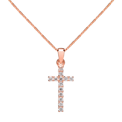 14K Solid Rose Gold Cross | Pave Round Cut Cubic Zirconia Pendant Necklace | 15mm Long .30 CTW | 16 Inch .60mm Box Link Chain | With Gift Box